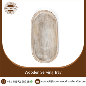 Bandeja para servir comida de madera tallada a mano de diseño personalizado con asas bandeja de madera de mango de forma ovalada de fabricante indio - Product Image 4