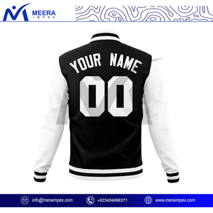 Personalizar 2025 nuevo diseño chaqueta Varsity para hombre logotipo personalizado tela transpirable Color blanco negro cuello acanalado chaqueta de béisbol para hombres - Product Image 4