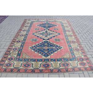 Alfombra de lana Kilim vintage, diseño de retazos rojo y azul de 7x9,3 pies para entrada, material de poliéster de yute con respaldo de látex de 10mm de espesor - Product Image 1