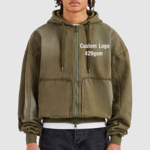 เสื้อมีฮู้ดซิปรูดซิปสำหรับผู้ชายผ้าฟลีซผ้าฝ้ายสองชั้นโอเวอร์ไซซ์500GSM เทอร์รี่ใส่พอดีตัวซิปรูดซิปสำหรับผู้ชาย - Product Image 1