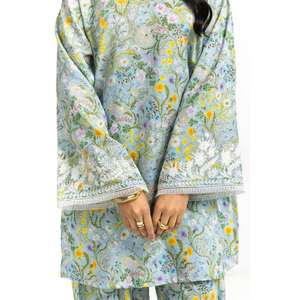 Ensemble coordonné en viscose imprimé vert marine style bohème, brodé, sans col, en tissu crêpe pour le printemps/été - Product Image 3