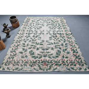 Tapis turc vintage 6.3x9,5 pieds vert beige tissage plat en laine avec motif patchwork pour les décorations de salon ou le couloir - Product Image 1