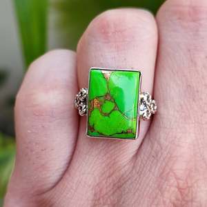 925 Sterling Silver Handmade <b>Ring</b> Green Copper <b>Turquoise</b> Gemstone 18K Plating Cushion Style Silver <b>Ring</b> - Product Image 2