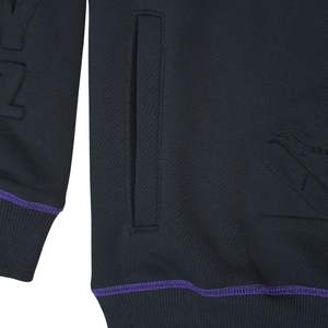 Chándal de punto de contraste con logotipo en relieve personalizado, forro polar negro con costuras moradas, Capucha forrada de satén, sudadera con cremallera y pantalones para correr - Product Image 3