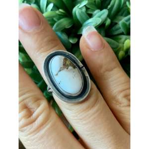Sheila Becenti Handmade <b>Boho</b> <b>Ring</b> White Buffalo & Sterling <b>Silver</b> with Natural Stone Bezel Setting Size 6.25 Everyday Wear - Product Image 2