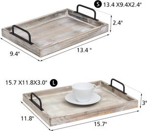 Plateaux de service alimentaires en bois rustique Lot de 2-Plate-forme d'affichage en bois imbriquée avec poignées en métal, décor de ferme vintage servant P - Product Image 5