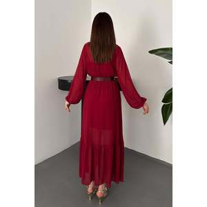 Vestido de Gasa con Volantes Color Borgoña - Borgoña - Product Image 5