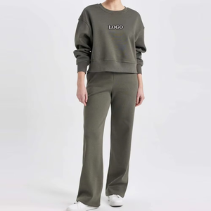 Derniers modèles de survêtements pour femmes de couleur unie en coton avec logo personnalisé Vêtements de sport Ensembles de survêtements à manches longues pour femmes Respirant - Product Image 5