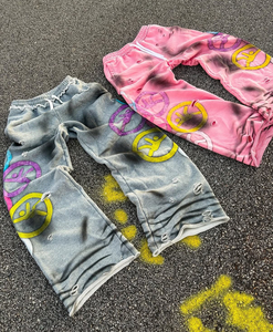 Custom Men's Heavyweight Cotton Distressed Vintage Wash Wide Leg Sweatpants Elastic Waist Sun faded <b>Baggy</b> Style Screen Printing - Product Image 4