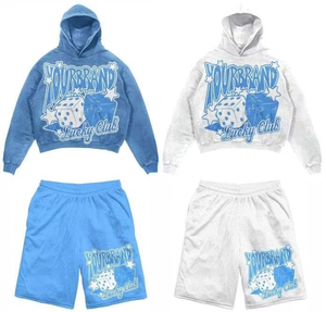 YOURBRAND เสื้อสเวตเตอร์มีฮู้ดผู้ชาย ชุดลำลอง กางเกงขาสั้นผ้าฟลีซ สีฟ้า สีขาว พิมพ์ลายลัคกี้คลับ สไตล์ฤดูใบไม้ผลิ - Product Image 1