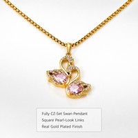 Collier Pendentif Cygne en Acier Inoxydable avec Zircon Cubique et Chaîne de Perles, Plaqué Or Véritable, Luxe Léger pour Femme, Vente en Gros