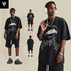 เสื้อยืดโอเวอร์ไซส์วินเทจสำหรับผู้ชายผ้าฤดูร้อนน้ำหนักมากมีโลโก้กำหนดเองแขนสั้นสีทึบสไตล์สตรีทแวร์ - Product Image 3