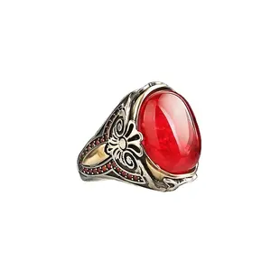 Red Aqeeq Men Ring Traditional Motif Turkish 925 Silver Turkish Wholesale Silver Jewelry Turkish Handmade Ring