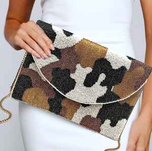 Bolso de mano con cuentas de camuflaje de Oro Negro neutro natural de lujo, bandolera encadenada, sobre de moda, bolsos de noche a rayas de cristal - Product Image 1