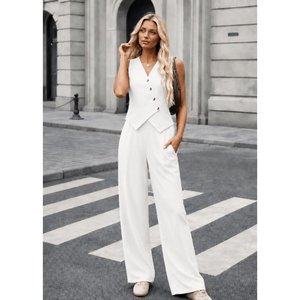Conjunto de dos piezas de chaleco y pantalón de satén con botones frontales y cuello en V sin mangas para mujer de Jane's 37411-White - Product Image 2