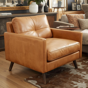 Fauteuil d'appoint capitonné en cuir véritable marron clair de style Mid-Century pour bureau à domicile et salon - Product Image 1