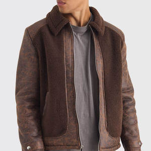 <b>Men's</b> Brown Genuine Leather <b>Sherpa</b> Lined <b>Jacket</b> With Zipper Closure Turn-down Collar Casual Winter Wear - Product Image 6