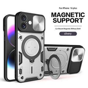 iPhone 16 6.1 Twisting <b>Magnetic</b> Ring Stand Case W/<b>Camera</b> Cover Silver - Product Image 1
