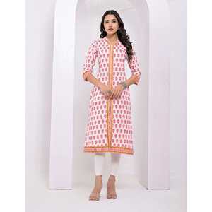 Kurti de Algodón con Estampado de Bloques en Rosa y Blanco, Ropa de Asia y las Islas del Pacífico - Product Image 1