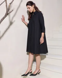 Venta al por mayor de algodón de las señoras Vestido de manga 3/4 para las mujeres Negro sólido bohemio hasta la rodilla 100% de algodón con niveles con botón Maxi vestido - Product Image 3