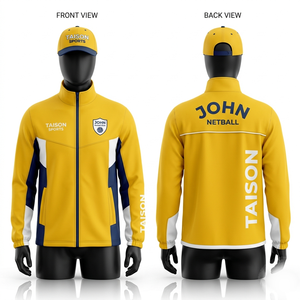 Premium 300 GSM polyester interlock netball training jacket yellow navy <b>white</b> <b>panel</b> design custom embroidery print logo - Product Image 1