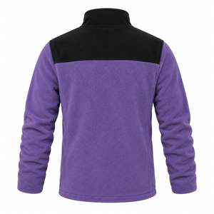 Men's Color <b>purple</b> Block Fleece Jacket Stand Collar Full Zip <b>Long</b> <b>Sleeve</b> Zipper Pockets Sporty Outdoor <b>Top</b> - Product Image 2
