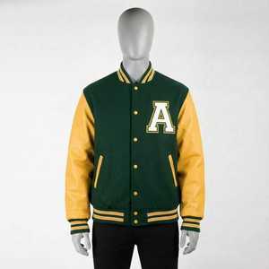 แจ็คเก็ตวาร์ซิตี้ผู้ชาย สีเขียวเหลือง แจ็คเก็ตเบสบอลแบบ Letterman สไตล์คลาสสิกแบบวิทยาลัย ผ้าซาตินผสมขนสัตว์ แจ็คเก็ตบอมเบอร์ - Product Image 6