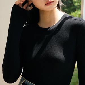 T-shirt en acétate de lyocell et laine pour femme, couleur unie, haut de base, manches longues pour le printemps, l'automne et l'hiver, col rond, coupe ajustée et chaude - Product Image 4