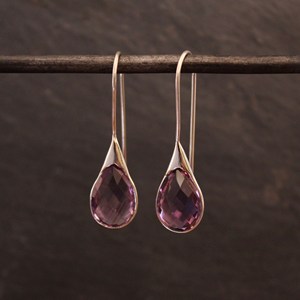 Minimalist Amethyst Faceted Gemstone Earrings <b>Solid</b> Sterling <b>Silver</b> 925 Trendy Drop Dangle Design for Parties and Gifts - Product Image 1