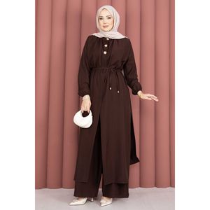 Ensemble tunique longue en crêpe et tweed marron pour femme, col mandarin à lacets, style bureau, blazer et pantalon, coupe ample pour l'été - Product Image 4