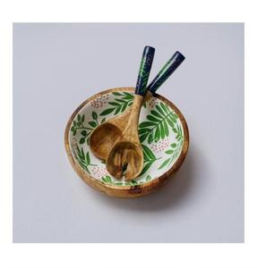 Bol de service en bois naturel de forme ronde avec un ensemble de serveurs à salade avec un design imprimé en émail Vaisselle Articles de cuisine Bol de service - Product Image 4