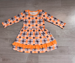 Robe à carreaux à manches longues pour filles, avec volants, coupe trapèze, longueur genou, imprimé chauve-souris orange et gris, en Spandex/Polyester, lavable, style preppy, pour l'été - Product Image 6
