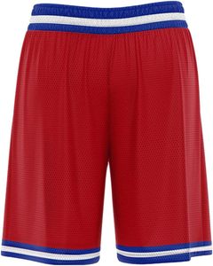Shorts de basketball respirants en mesh rouge avec bordure bleue et blanche, logo et numéros sublimés, pour jeu en extérieur, unisexe, adulte, coupe régulière, élastique - Product Image 3
