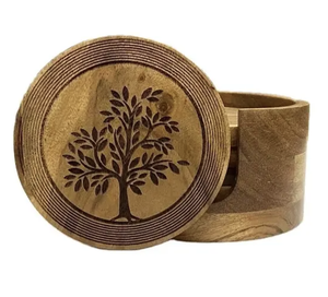 Dessous de verre en bois de forme ronde naturelle et durable avec différents motifs Tasse à café et thé en bois - Product Image 3