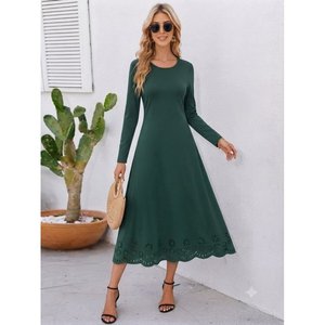 Abito Midi da Donna in <span class=keywords><strong>Crepe</strong></span> Importato <span class=keywords><strong>con</strong></span> Maniche Lunghe, Collo Tondo e Dettagli Floreali Tagliati al Laser, 37486 - <span class=keywords><strong>Smeraldo</strong></span> - Product Image 2