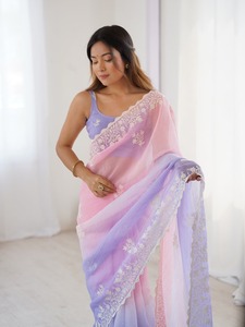 Dernier tissu doux et croquant d'inspiration exclusive Sari FIL DE BRODERIE TRAVAIL Festival indien mariée classique fête vêtements ethniques femmes - Product Image 5