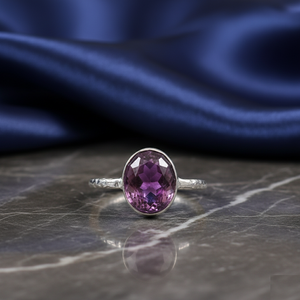Bague de fiançailles classique pour femme en argent sterling 925 coupe ovale lunette améthyste réglage fête de mariage - Product Image 5
