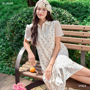 V1424 Summer Maternity Dress Fishtail Polka Dot Soft Cool Spandex Sweat-Absorbent Fabric Side Pockets Adjustable Elastic Buttons - Product Image 6