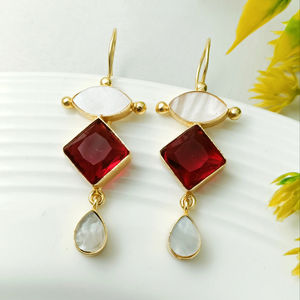 Gold Plated <b>Red</b> and White Stone <b>Earrings</b> for Women | Handmade Dangle Gemstone <b>Earrings</b> | Brass Base Fashion Jewelry - Product Image 1