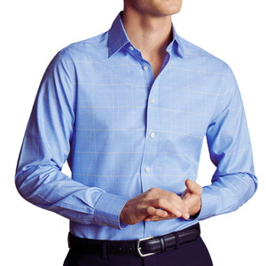 เสื้อเชิ้ตลายตารางผ้าคอตตอนสีฟ้า100% สบายแบบไม่มีรอยยับสำหรับฤดูใบไม้ผลิของผู้ชาย - Product Image 4
