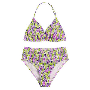 Ensemble de bikini smocké imprimé pour femme, haut triangle dos nu, bas taille haute extensible, maillot de bain deux pièces, tenue de plage florale OEM - Product Image 6
