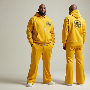 Veste de survêtement OEM pour hommes grande taille avec capuche et pantalon évasé \ Ensemble de survêtements de jogging Ensemble de sweats à capuche zippés et de pantalons baggy - Product Image 5