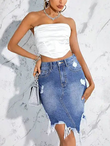 Novedades Falda rasgada de mezclilla recta de verano para mujer personalizada Logo Cremallera Botón Bolsillos Patrón sólido Estilo Y2K para primavera - Product Image 2