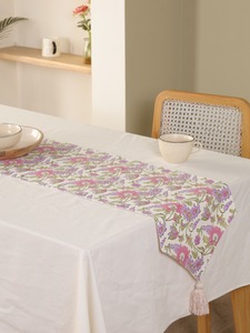 Chemin de table double couche en toile slub premium imprimée au bloc, motif floral, avec pompons, style damassé tissé, rose floral pour salle à manger - Product Image 3
