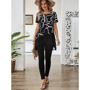 Women's Short-Sleeved Crew Neck Patterned <b>Top</b> Sandy Bottom <b>Tulle</b> Asymmetrical Detail Blouse, 35768 - Black - Product Image 4