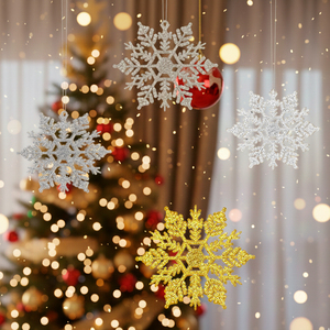 Nastro natalizio trasparente dorato con motivi natalizi e 30 ornamenti a forma di fiocco di neve in plastica oro, argento e grigio - Product Image 2