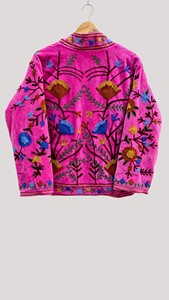 Pink <b>Velvet</b> Embroidered Floral Jacket Mandarin Collar Full Sleeve Women's Spring Outerwear - Product Image 2