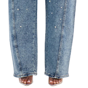 Jeans de Pierna Recta con Adornos de Perlas para Mujer, Lavado Ácido Azul Claro, Pantalones de Mezclilla Casuales de Longitud Completa, Moda para Mujer, Venta al Por Mayor - Product Image 5