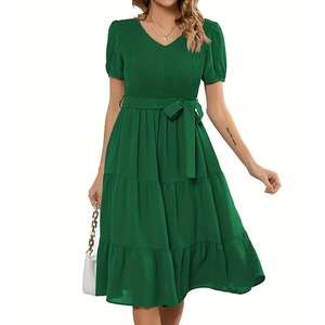 เดรสคอวีมีเข็มขัดแขนบานผ้าไหมตรง/ผ้าฝ้ายย้อมสีล้วนระบายอากาศได้ดีขนาดพิเศษสำหรับฤดูใบไม้ผลิ - Product Image 3