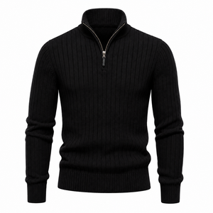 Pull en tricot côtelé pour homme avec fermeture à zip 1/4, couleur unie, vêtement d'automne - Product Image 3
